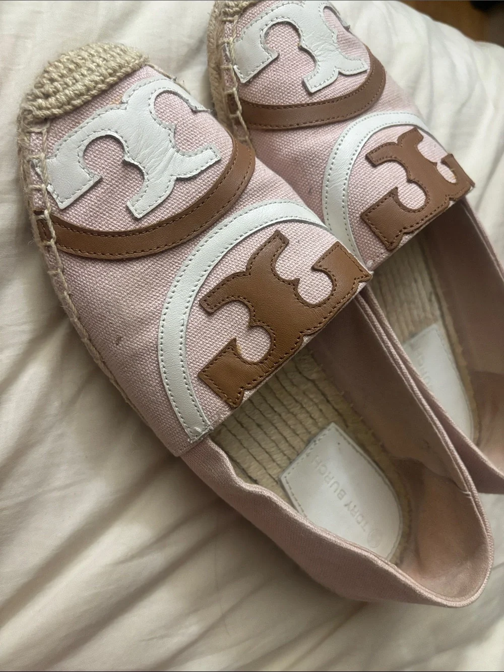 Tory Burch Pink Canvas Espadrilles with White and Tan Leather Trim